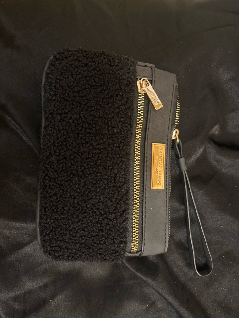 Black Sherpa Wristlet with Gold Hardware